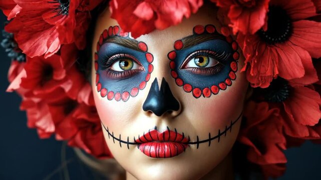 Colorful celebration of Dia de los Muertos with a beautifully painted face adorned with flowers