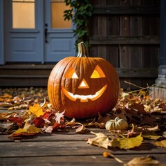 Pumpkin with a carved face, Halloween pumpkin, holiday symbol, Halloween, autumn landscape, autumn holiday, pumpkin on the doorstep