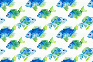 Obraz premium Seamless blue and green fish watercolor pattern
