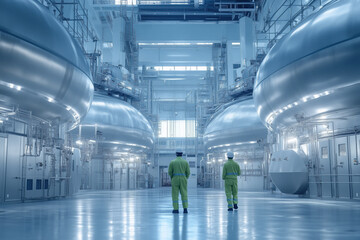Two workers in green uniforms are standing in a spacious factory with large industrial machinery around them. The modern facility has clean, polished floors and bright overhead lights