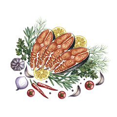 Sliced red fish with vegetables. A hand-drawn watercolor illustration. A color image of a fish dish. On a white background. For menus, recipe books, packages, labels, invitations and banners.