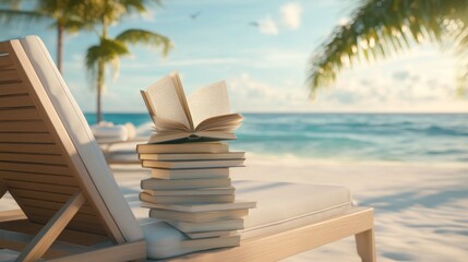 A serene beach scene featuring a stack of books on a lounge chair by the ocean.