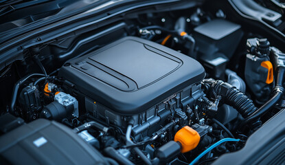 Hybrid vehicle engine bay highlighting advanced technology features