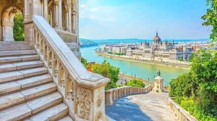 Fototapeta premium Budapest stairs, panoramic city view, river, summer