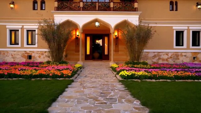 Classic tan and white craftsman home with a stone pathway, blooming flower beds, and warm lighting from a front-facing angle.