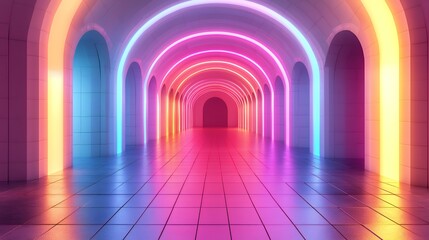 Vibrant Neon-Lit Corridor Creates an Immersive Atmosphere With Arcs of Colorful Light in a Modern Space