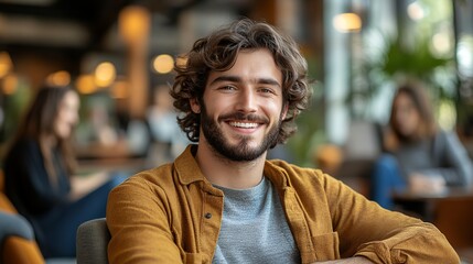 Obraz premium Smiling Young Man With Curly Hair Enjoying Casual Conversation in a Cozy Cafe Setting Filled With Warm Light and Welcoming Atmosphere