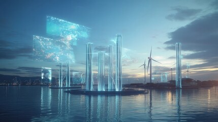 A waterfront scene showcasing holographic tidal energy turbines illustrating innovative ods of harnessing natural resources to power the city sustainably.