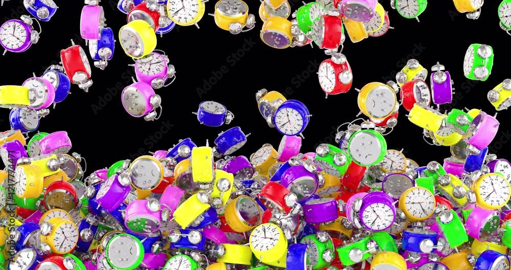 Poster alarm clocks falling and fill the screen. 3d animation on transparent background