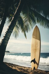 Tropical beach surfboard ocean waves palm trees