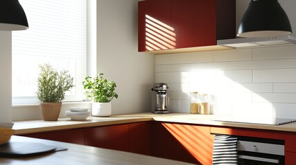 A kitchen with a red countertop