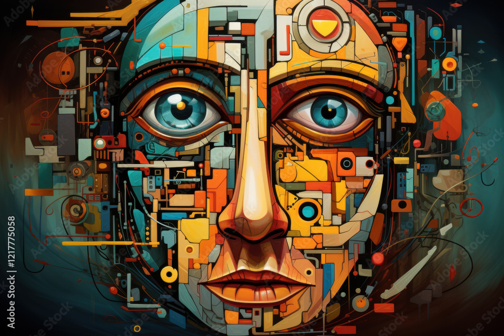 Poster a vivid cubism-inspired robotic face composed of fragmented triangles and squares in multicolored hu