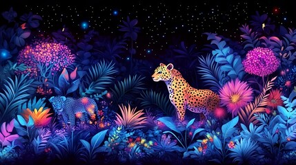 Vibrant Jungle Scene Featuring Two Leopards Surrounded by Colorful Flora at Night With a Starry Sky Above