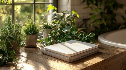 a bathroom scale enhanced with augmented reality, offering body composition analysis, weight monitoring, and app connectivity in a modern setting