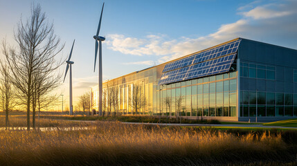 Obraz premium An exterior view of a high-tech research building with solar panels and wind turbines integrated into its design.
