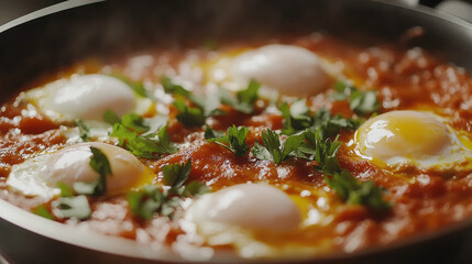 A bubbling skillet of shakshuka with poached eggs, vibrant tomato sauce, and fresh parsley, rustic and warm close-up