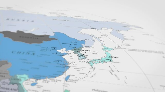 Map The camera rotating around North Korea on the world map takes the focus. 4K Map Animation.
