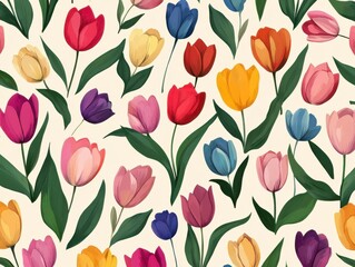 A Seamless Pattern of Red, Orange, Yellow, Pink, Purple, and White Tulips with Green Leaves on a Dark Green Background
