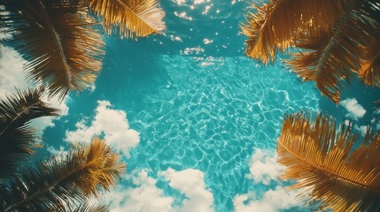 Obraz premium Overhead view of turquoise pool water, palm fronds, and sky.
