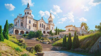 Fototapeta premium Palace, steps, garden, sunny day, hill, landscaping, architecture, travel