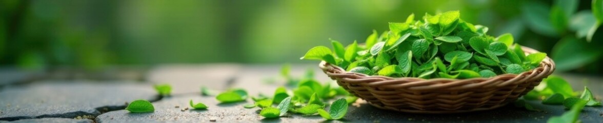 Freshly harvested dew green tea leaves in a basket on a stone floor, on, basket, floor