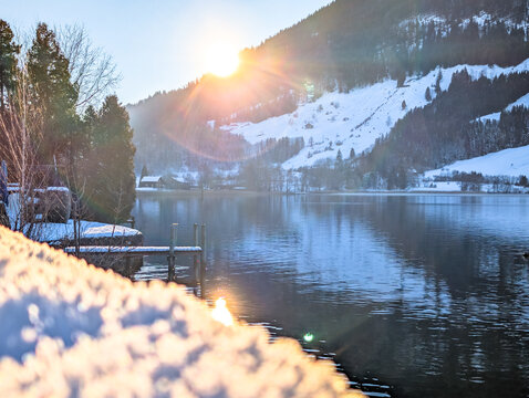 Winter Lake Aegeri behind Rigi and Pilatus, Gottschalkenberg, Canton Zug, Switzerland