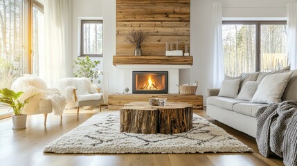 A rustic-style apartment living room with reclaimed wood furniture and a cozy fireplace