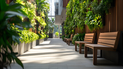 A bright alley filled with minimalist benches and lush vertical planters.