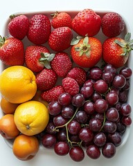 Fresh Selection of Ripe Strawberries, Grapes, and Citrus Fruits Arranged in a Bowl Ready for a Nutritious Snack or Dessert Option