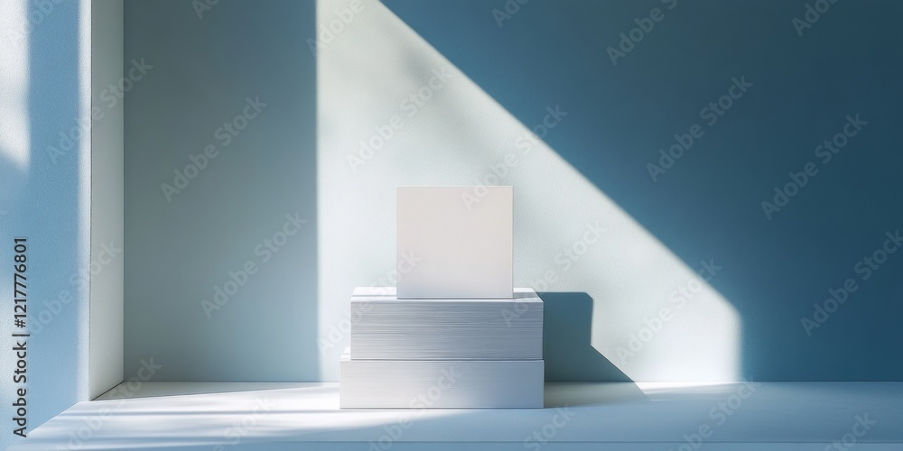 Poster minimalist display of white boxes in soft light. the image captures a calm atmosphere with geometric