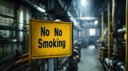 A bright yellow No Smoking sign on a safety notice board in an industrial factory.
