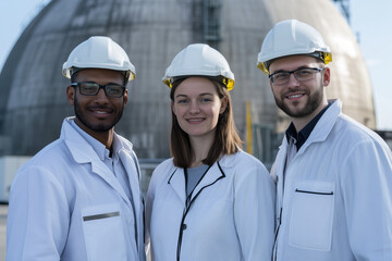 Group of three engineers posing with hard hats at an industrial site, demonstrating safety equipment and teamwork. Smiling professionals posing outdoors in front of industrial structures