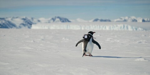 A Gentoo Penguin gracefully walking across a beautiful, snowy landscape in Antarctica