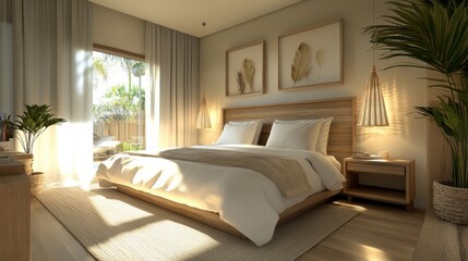 A tranquil apartment bedroom with linen bedding and natural wooden furniture