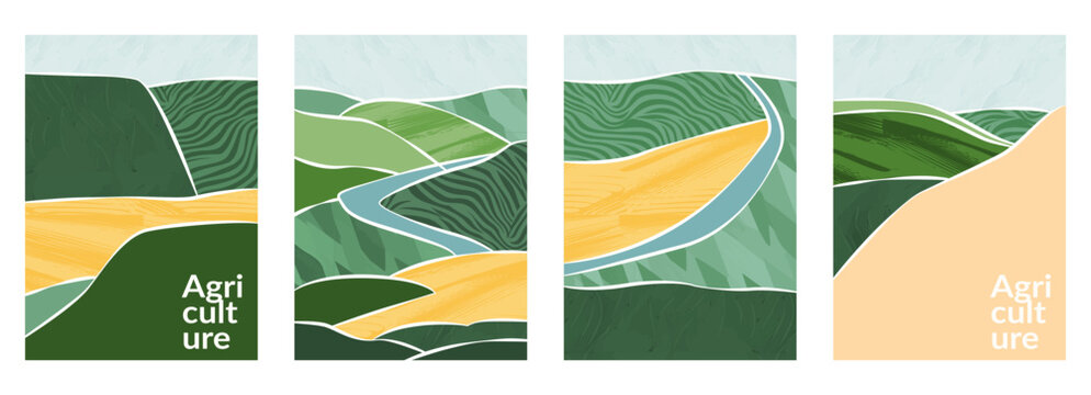 Agriculture landscape field and farm land, abstract vector design of hill and green graphic element. Harvest backdrop, abstract nature poster, agro brochure cover, agri flyer template, paper collage