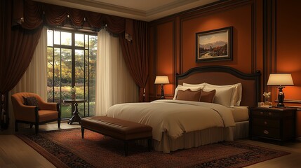 Obraz premium Elegant Bedroom Interior Featuring Rich Colors and Luxurious Furnishings at Sunset in a Serene Location