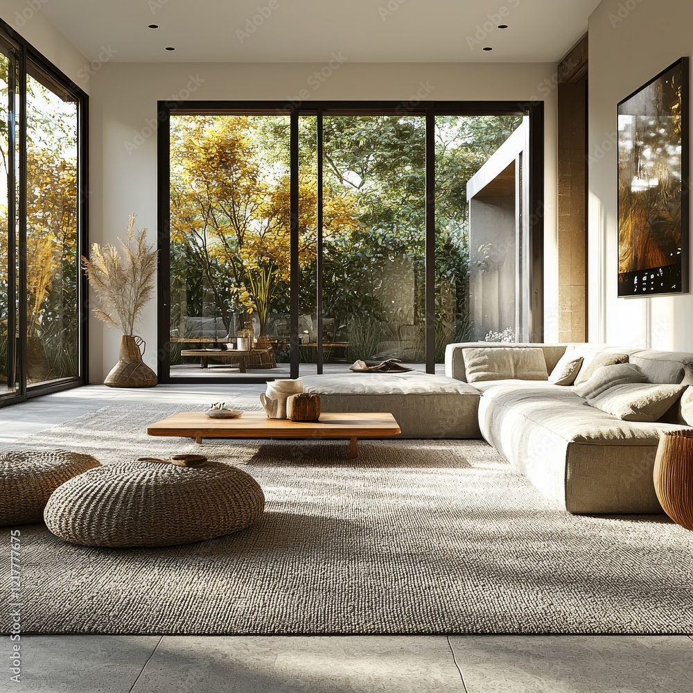Poster modern living room design virtual decor with augmented reality features a white sofa and a coffee ta