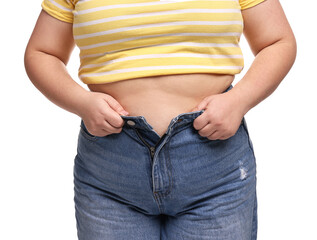 Weight loss. Plus size woman in big pants on white background, closeup
