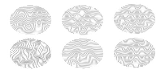 A set of wavy linear spheres. Abstract oval vector shapes.