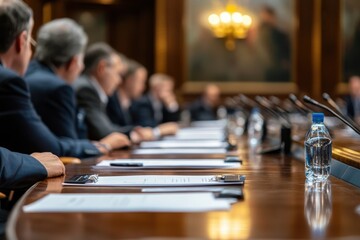 Obraz premium A close-up of the boardroom table with two men in suits engaged in conversation, surrounded by leather chairs and white papers on each seat Generative AI