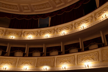 Balconies with vintage wall lamps and projector in theatre