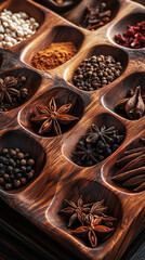 wooden spice tray with star anise and peppercorns on dark background