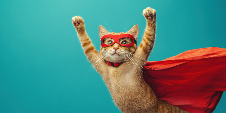 Tabbycat dressed as a superhero, flying with a red mask and cape against a turquoise background. Adorable feline in a dynamic pose, resembling a comic book hero