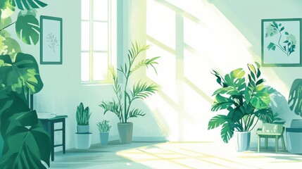 A bright, airy apartment living room with white walls and vibrant green indoor plants