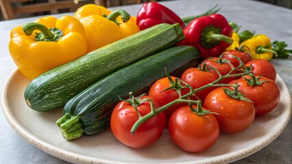 Fresh garden vegetables featuring zucchinis, tomatoes, and bell peppers arranged on a plate in a bright kitchen setting
