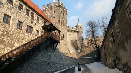 Naklejka premium Castle courtyard stairs, winter, medieval walls, snowy path, tourism