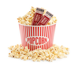 Tasty popcorn and movie tickets isolated on white