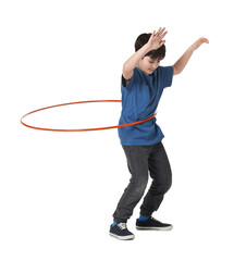 Boy exercising with hula hoop on white background