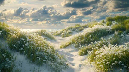 Coastal dune path, wildflowers, sunset, clouds, serenity