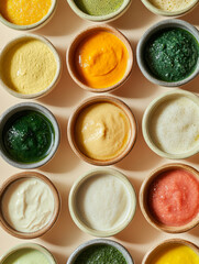 Various colorful sauces in small bowls arranged neatly.
